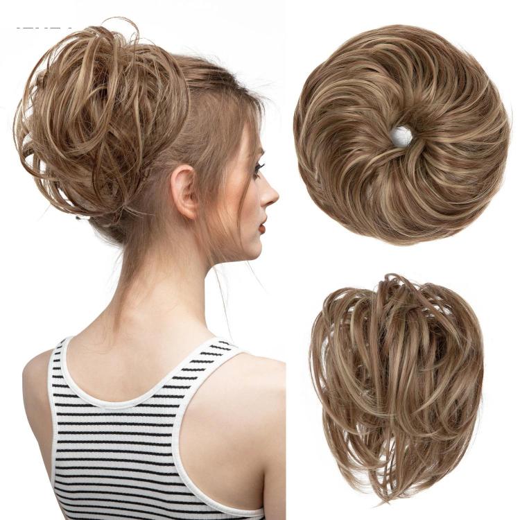 Faux bun updo wig with loose curls, golden brown wavy bun.