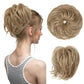 Faux bun updo wig with loose curls, warm beige blonde bun.