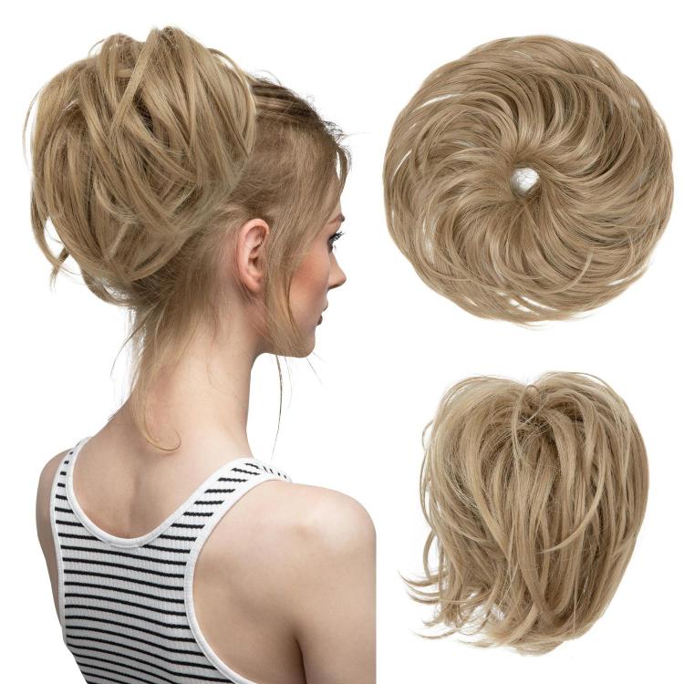 Faux bun updo wig with loose curls, warm beige blonde bun.