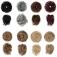 Faux bun updo wig color swatches in multiple shades, including black and burgundy.