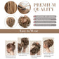 Faux bun updo wig with loose curls, shown in multiple hair-color swatches