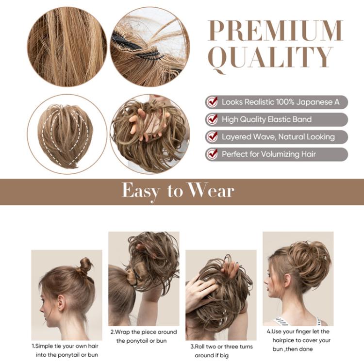 Faux bun updo wig with loose curls, shown in multiple hair-color swatches