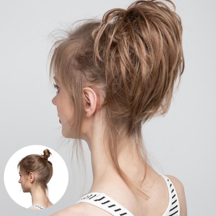 Faux bun updo wig with loose curls, long strands framing the back