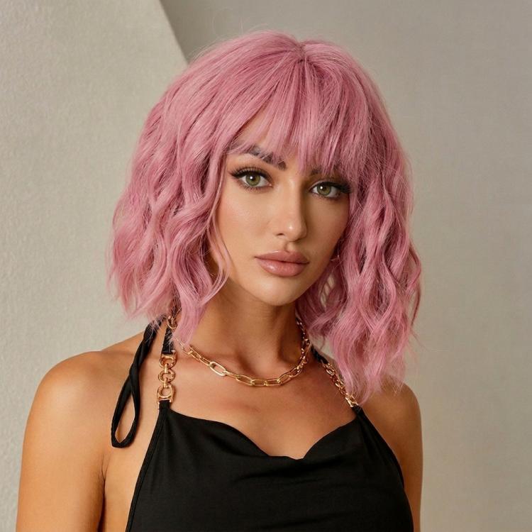 Front view of shoulder-length synthetic curly wig with bangs, smoky pink curls