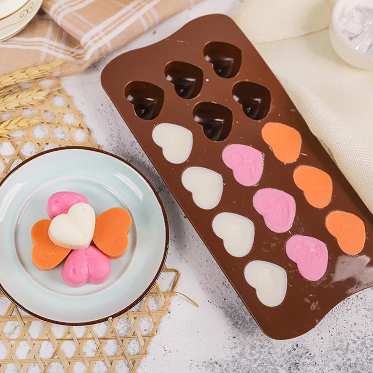 Brown silicone heart-shaped chocolate mold with 15 heart cavities