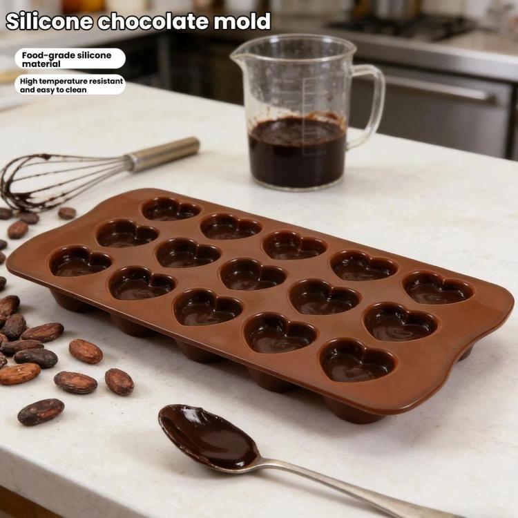 Brown silicone heart chocolate mold tray with multiple heart-shaped cavities