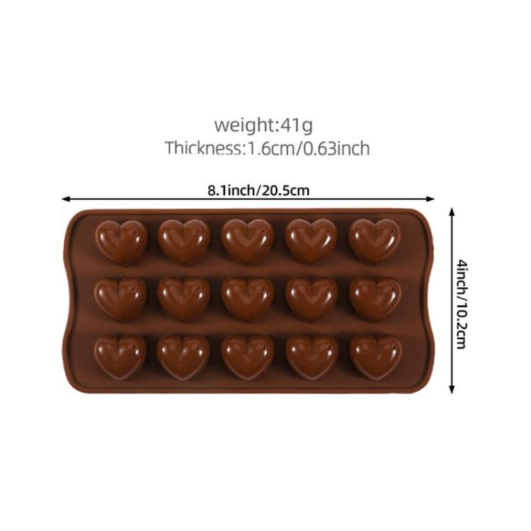 Brown silicone heart chocolate mold tray with two rows of heart-shaped cavities
