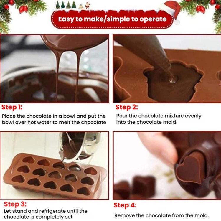 Brown silicone heart chocolate mold with chocolate being poured into a heart cavity