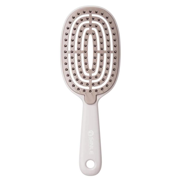 Hair massage comb with oval pin pad and white handle, gray bristle surface