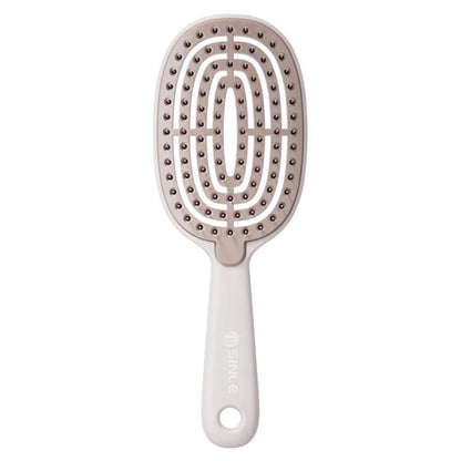 Hair massage comb with oval pin pad and white handle, gray bristle surface