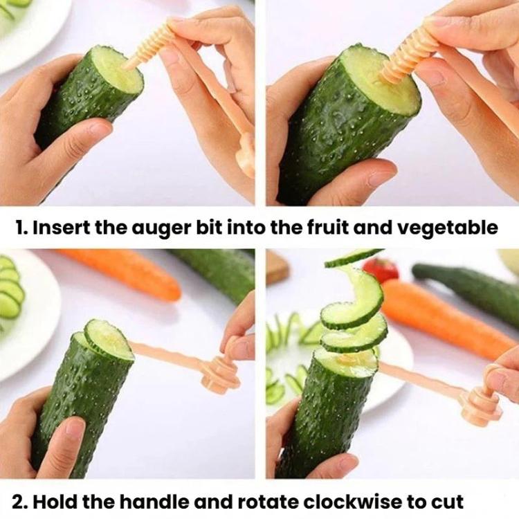 Hands using spiral cucumber slicer on cucumber to create spiraled slices
