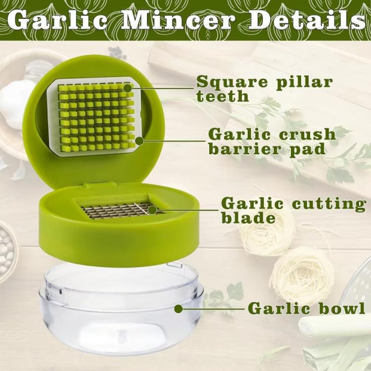Green manual garlic press with internal grating plate and cutting blade shown in diagram.