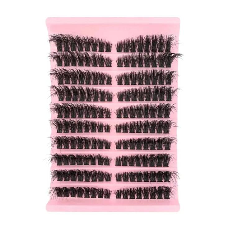 Curled black lash clusters on segmented bands, displayed in a pink case