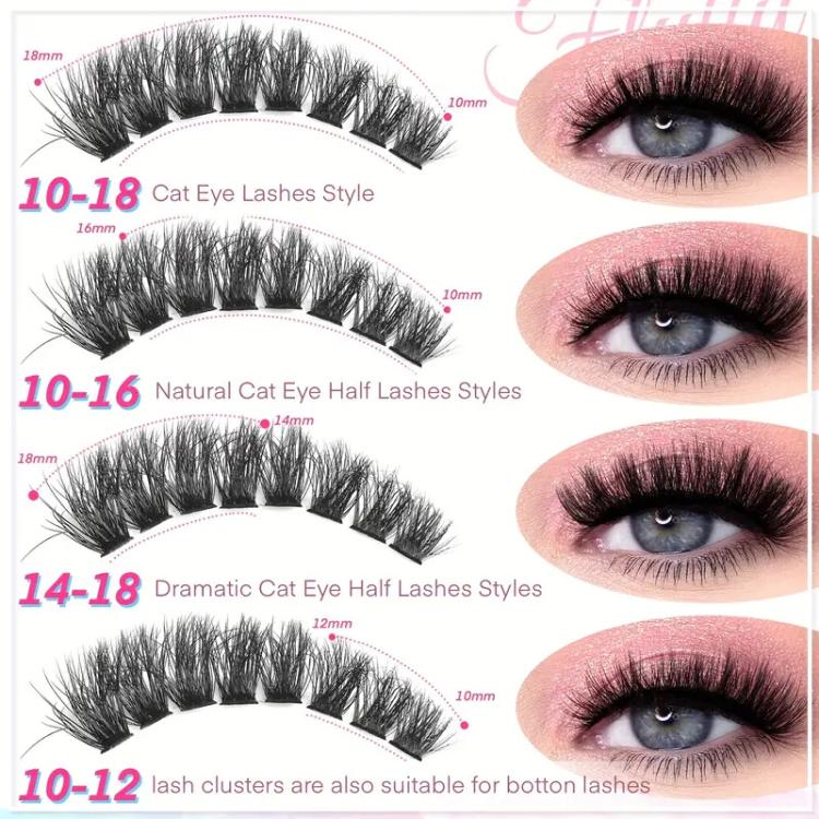 Cat-eye style lash clusters on curved bands, with eye closeup views