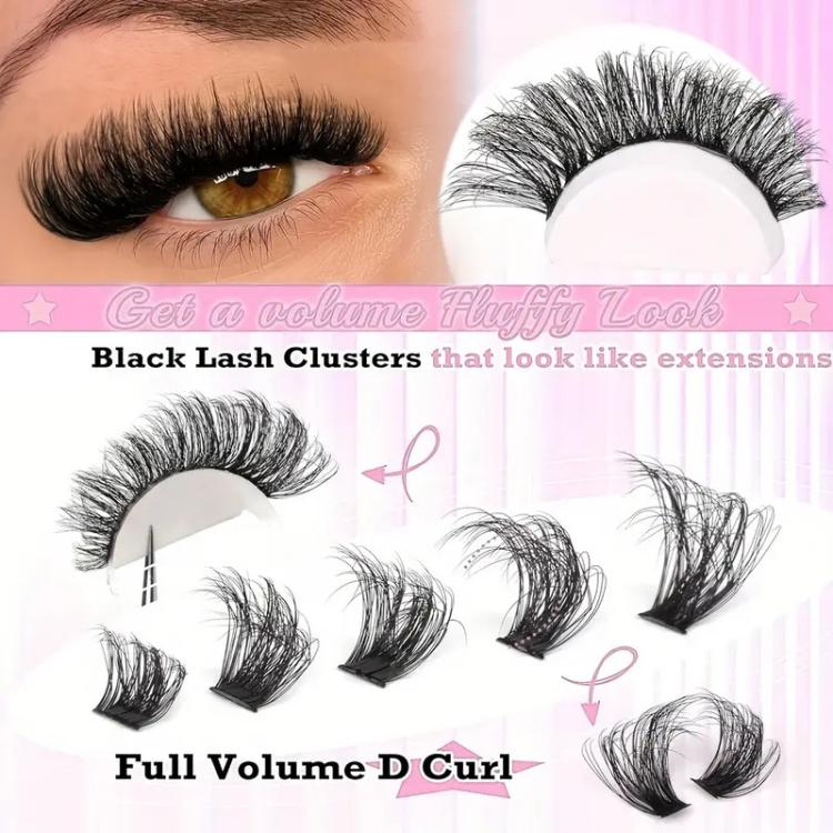 D-curl false lash clusters shown on model eyes and individual curved pieces
