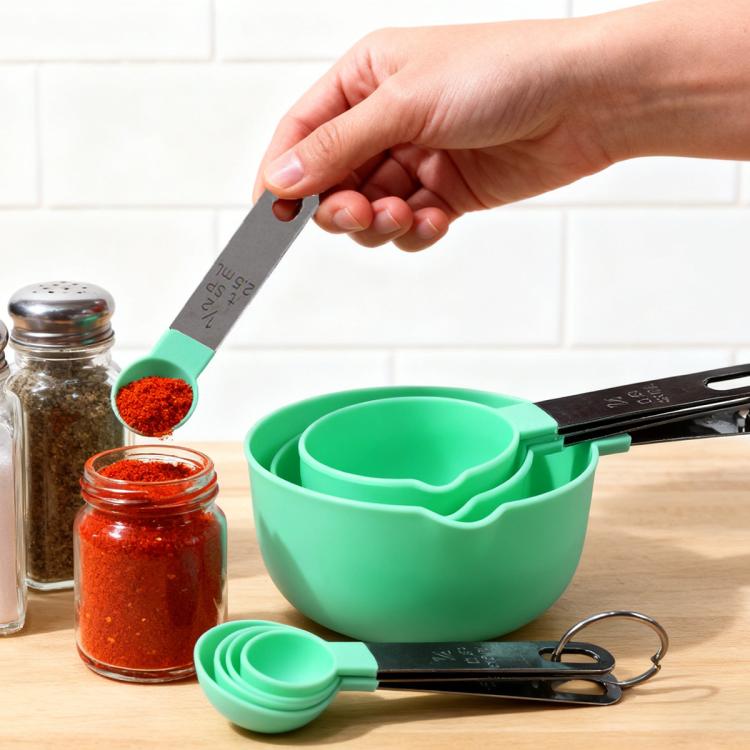 Mint green silicone measuring spoon set with stainless handles and scoop ends