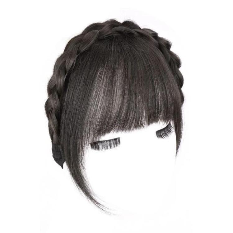 Thin simulated bang headband wig in dark brown, side-swept bangs and braided texture