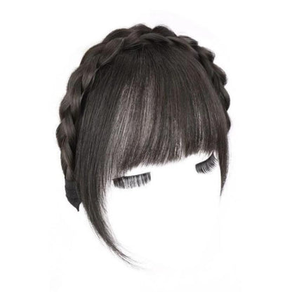 Thin simulated bang headband wig in dark brown, side-swept bangs and braided texture