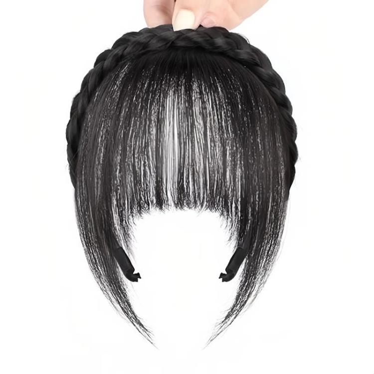 Thin simulated bang headband wig in black, front bangs and curved braid strands