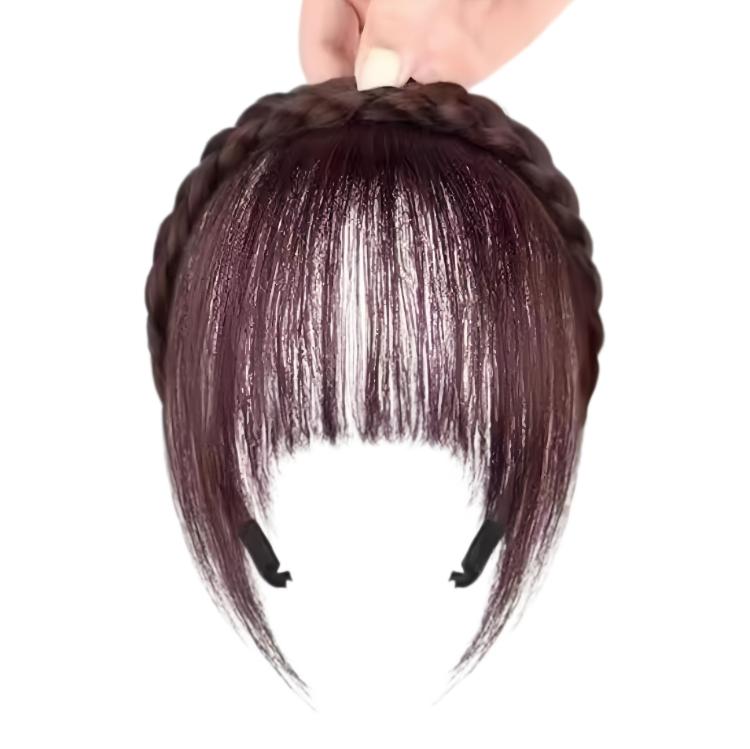 Thin simulated bang headband wig in deep brown, straight fringe and braided crown