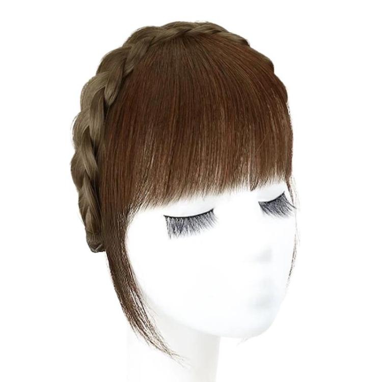 Thin simulated bang headband wig in light brown, side-swept bangs with braid waves