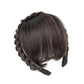 Thin simulated bang headband wig in dark brown, back view with headband and smooth fringe