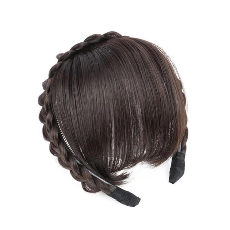 Thin simulated bang headband wig in dark brown, back view with headband and smooth fringe