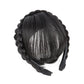 Thin simulated bang headband wig in black, back view with headband and braided strands