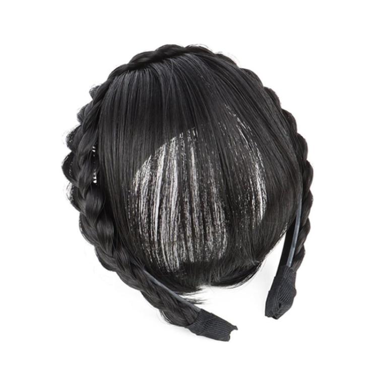 Thin simulated bang headband wig in black, back view with headband and braided strands