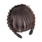 Thin simulated bang headband wig in dark brown, back view with headband and braided waves