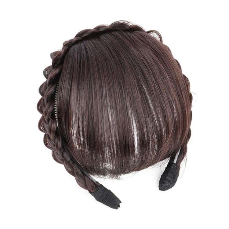 Thin simulated bang headband wig in dark brown, back view with headband and braided waves