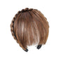 Thin simulated bang headband wig in brown, back view with headband and fine braided texture
