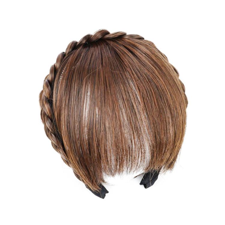 Thin simulated bang headband wig in brown, back view with headband and fine braided texture