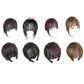 Collection of thin simulated bang headband wigs in multiple brown shades, side and back views