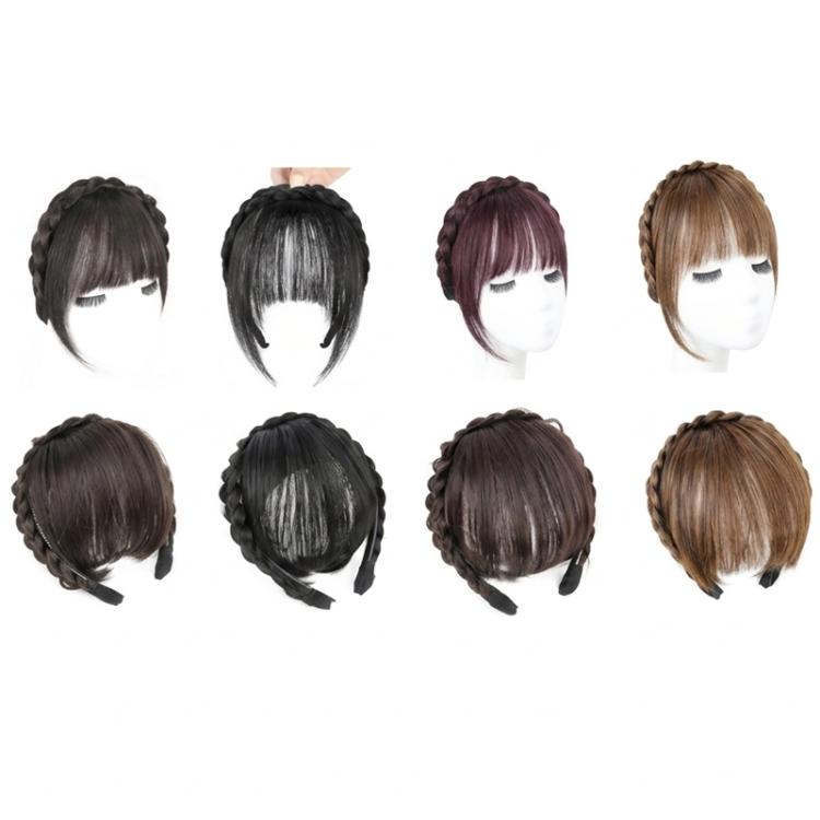 Collection of thin simulated bang headband wigs in multiple brown shades, side and back views
