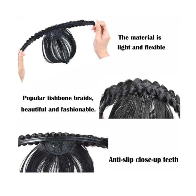 Black thin simulated bang headband wig with flexible headband and bang fringe