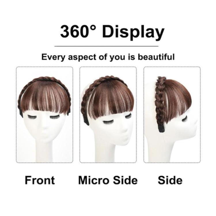 Bangs headband one-piece wig with straight fringe and side-swept hair, brownish-black