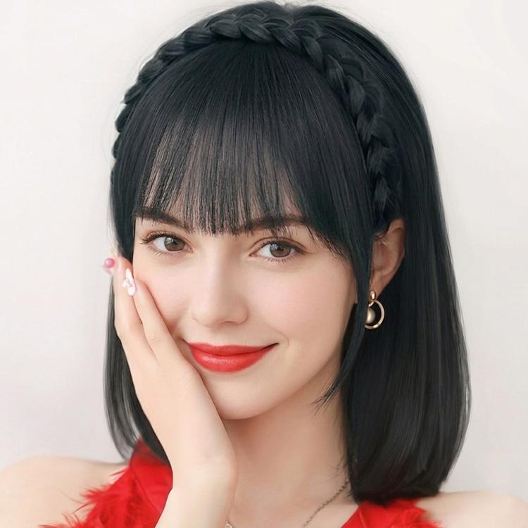 Bangs headband one-piece wig with blunt bangs and bob hair, natural black