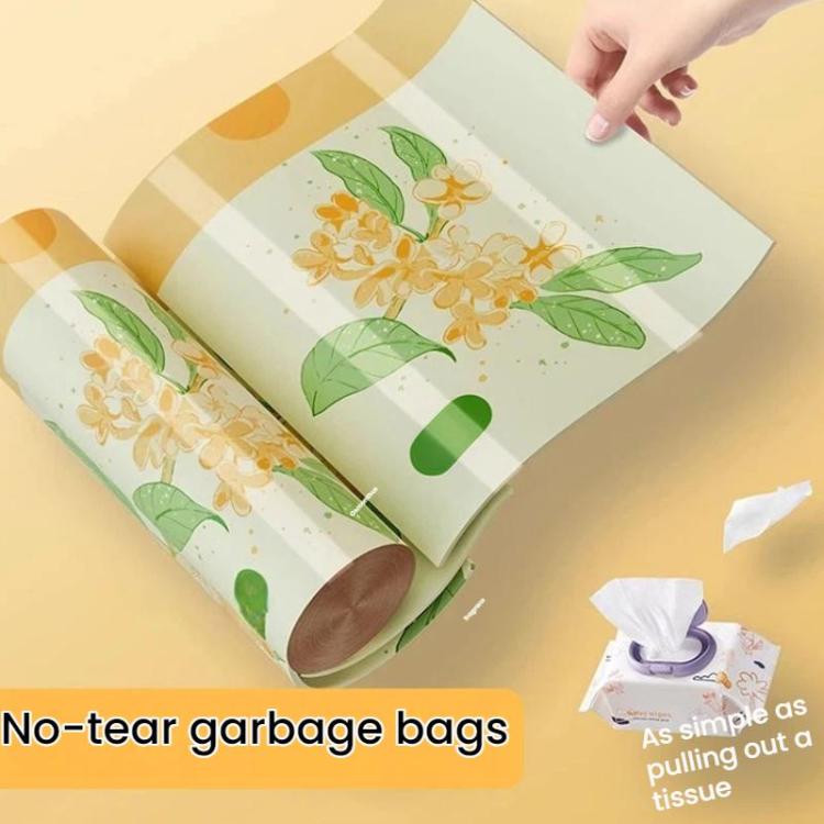 Pale yellow floral drawstring garbage bags with pull handle top, tear-free