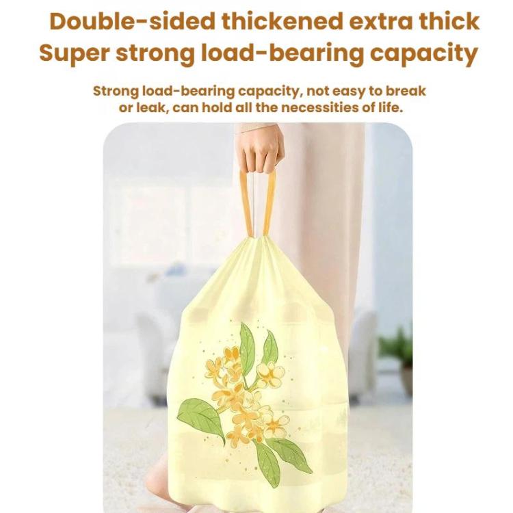 Pale yellow floral drawstring garbage bag held by pull handles
