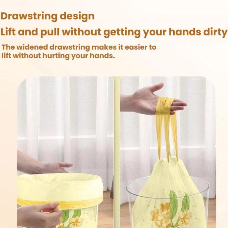Pale yellow floral drawstring garbage bag with wide top and pull handles