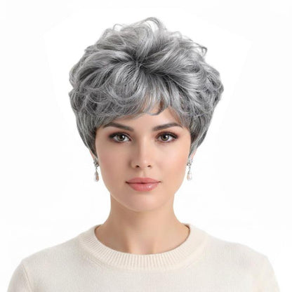 Gray short curly wig with layered volume and side-swept bangs