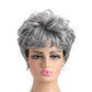 Silver-gray short curly wig with full top volume and defined fringe