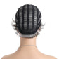 Back view of dark gray short curly wig with textured mesh base