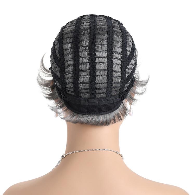 Back view of dark gray short curly wig with textured mesh base