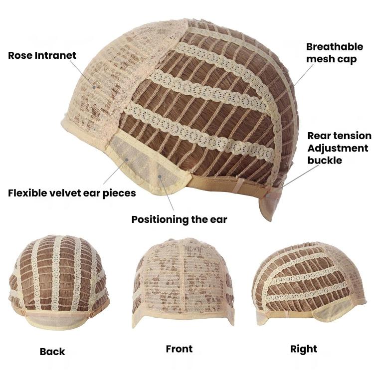 Breathable tan mesh wig cap with velvet ear pieces and rear adjust buckle