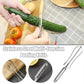 Stainless multi-function peeling knife with double-blade design on vegetables.
