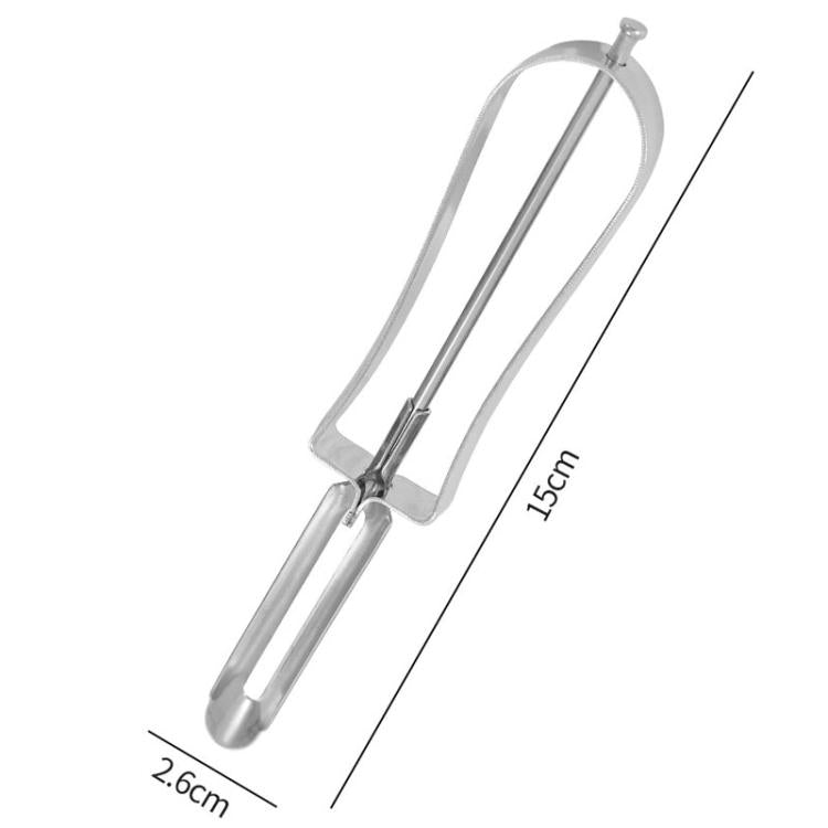 Stainless steel peeler with loop handle, 15 cm length.