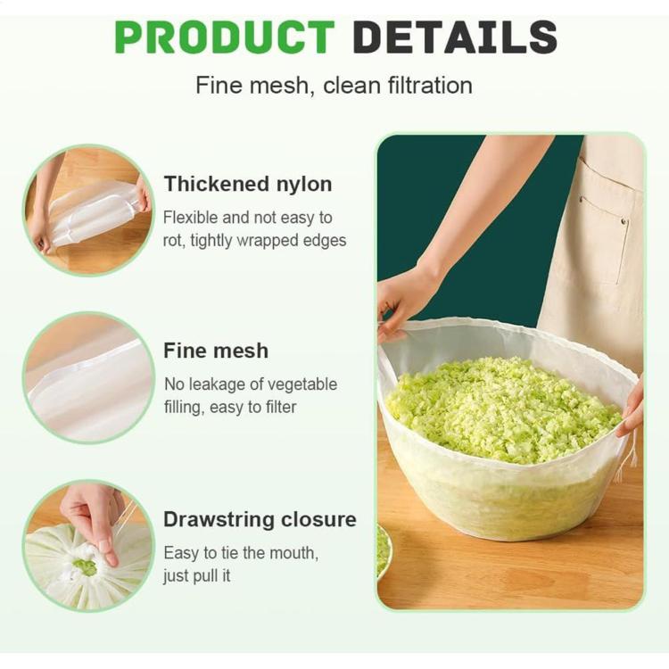 Bowl-shaped strainer bag with fine mesh and drawstring top, shown holding greens