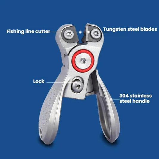Silver fishing line cutter pliers with red center ring and visible locking mechanism